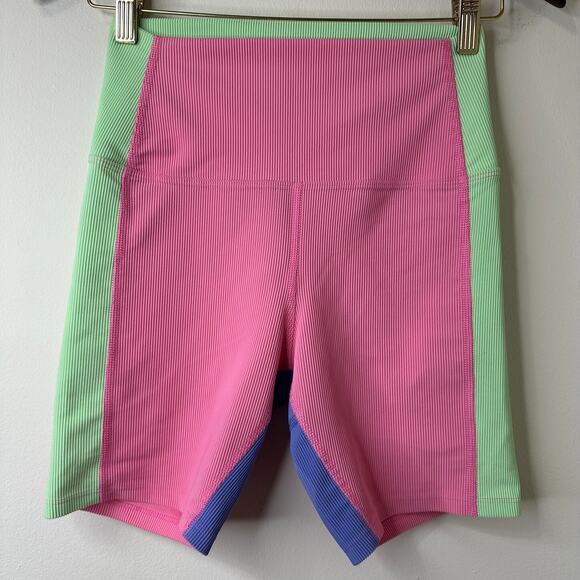 Md Beach Riot Ilene Shorts Colorblock Green Pink Purple USA Made Athleisure Yoga - Picture 2 of 6